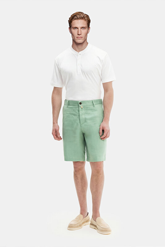 LIGHT GREEN HERRINGBONE LINEN BERMUDA