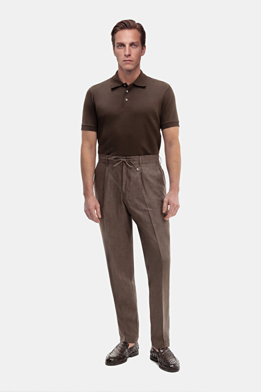 TEK PİLELİ BELİ LASTİKLİ KETEN PANTOLON