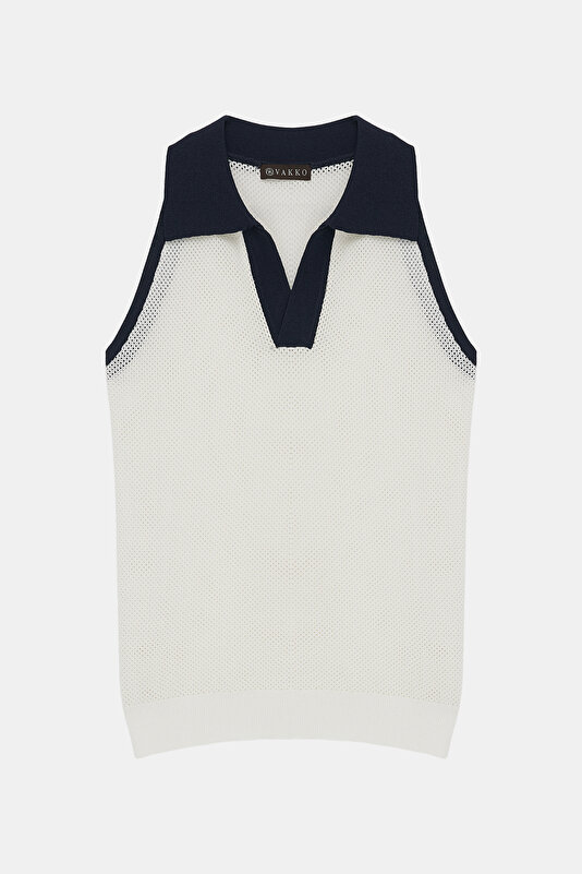 NAVY BLUE POLO NECK SLEEVELESS BLOUSE 4