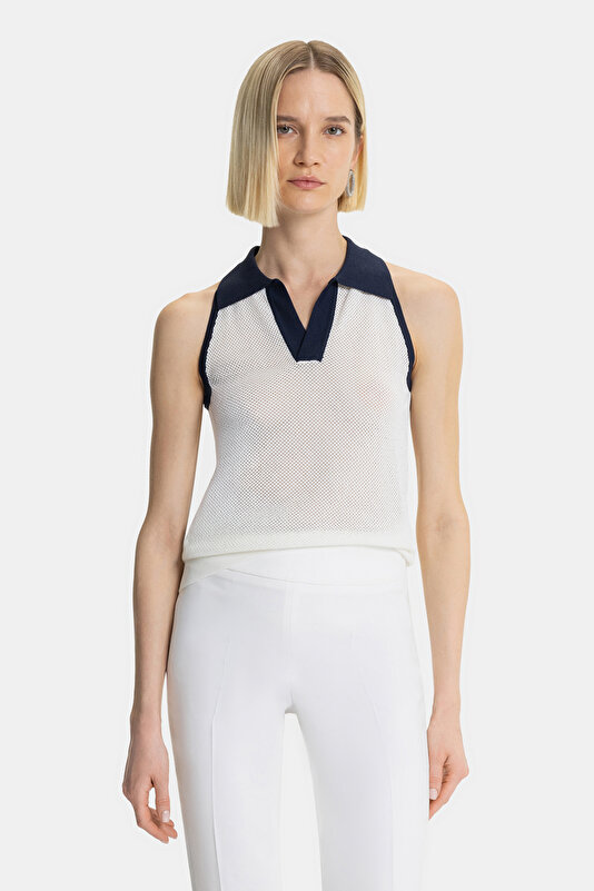 NAVY BLUE POLO NECK SLEEVELESS BLOUSE