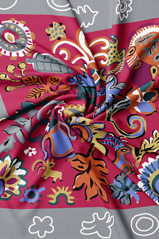KOYU GRİ ETNİK DESENLİ TWILL İPEK EŞARP 2