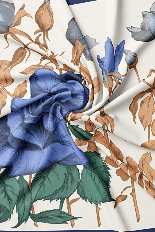 LACİVERT ÇİÇEK DESENLİ TWILL İPEK EŞARP 2