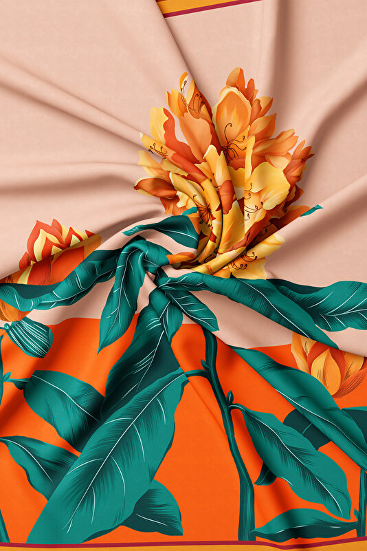 SALMON FLORAL PATTERN TWILL SCARF 2