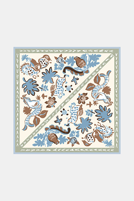 EKRU ETNİK DESENLİ TWILL İPEK EŞARP