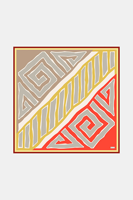 NAR ÇİÇEĞİ GEOMETRİK DESENLİ TWILL İPEK EŞARP