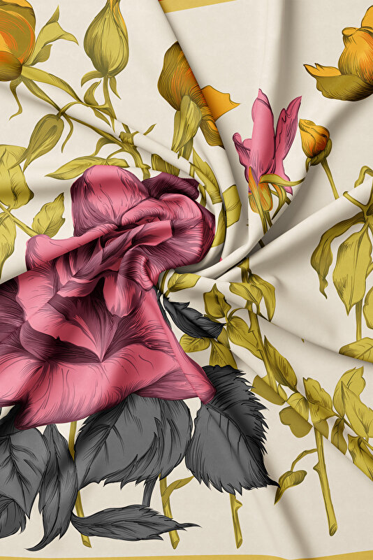 KREM ÇİÇEK DESENLİ TWILL İPEK EŞARP 2