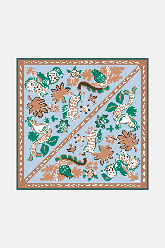 AÇIK MAVİ ETNİK DESENLİ TWILL İPEK EŞARP