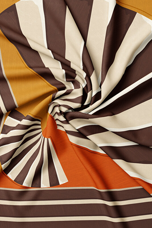 TURUNCU GEOMETRİK DESENLİ TWILL İPEK EŞARP 2