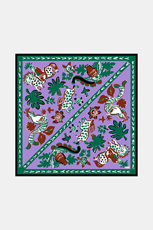 MOR ETNİK DESENLİ TWILL İPEK EŞARP