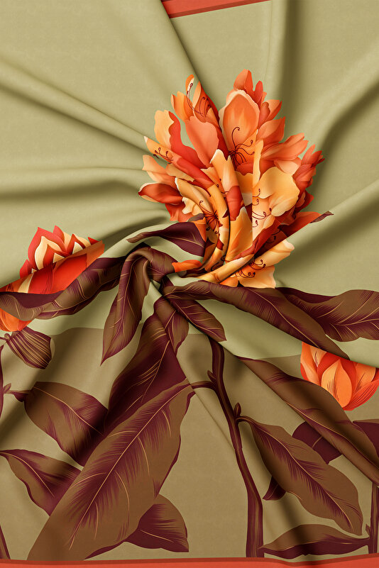 LIGHT GREEN FLORAL PATTERN TWILL SCARF 2