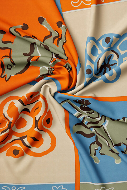 ORANGE ETHNIC DESIGN TWILL SCARF 2