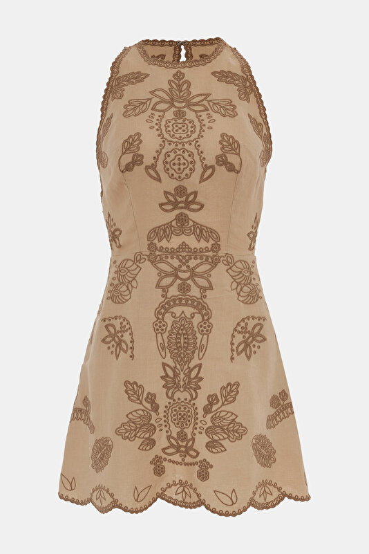 DARK BEIGE SLEEVELESS SUSPENDER SHORT DRESS