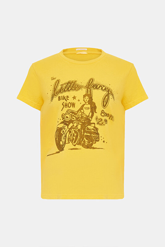 SARI BİSİKLET YAKA BASKILI T-SHIRT