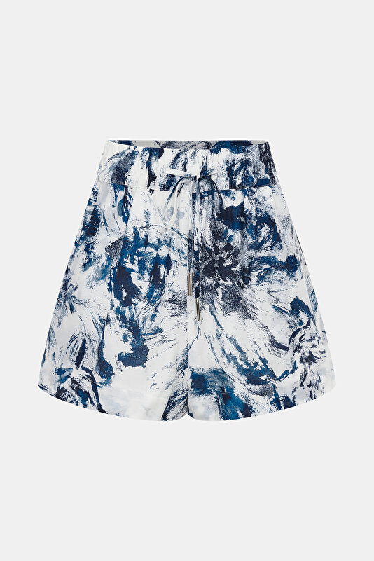 NAVY BLUE DESIGN FILLED HIGH WAIST COTTON/SILK SHORTS 4