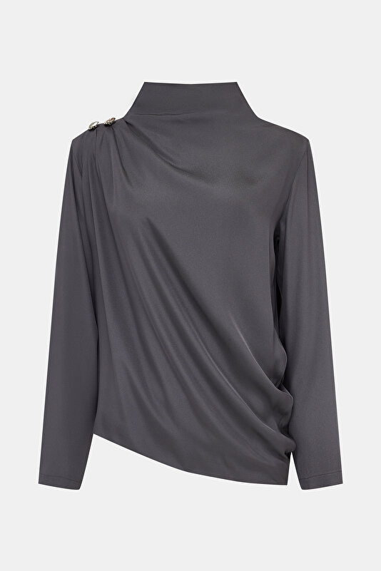 ANTHRACITE UPRIGHT COLLAR LONG SLEEVE BLOUSE