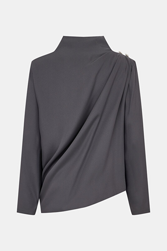 ANTHRACITE UPRIGHT COLLAR LONG SLEEVE BLOUSE 2