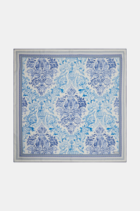 LACİVERT ETNİK DESENLİ TWILL İPEK EŞARP