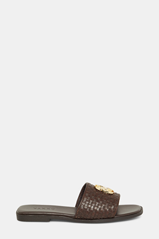 BROWN MONOGRAM LEATHER SLIPPER