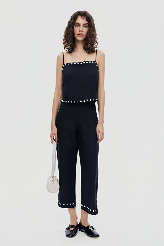BLACK WIDE LEG LINEN TROUSERS
