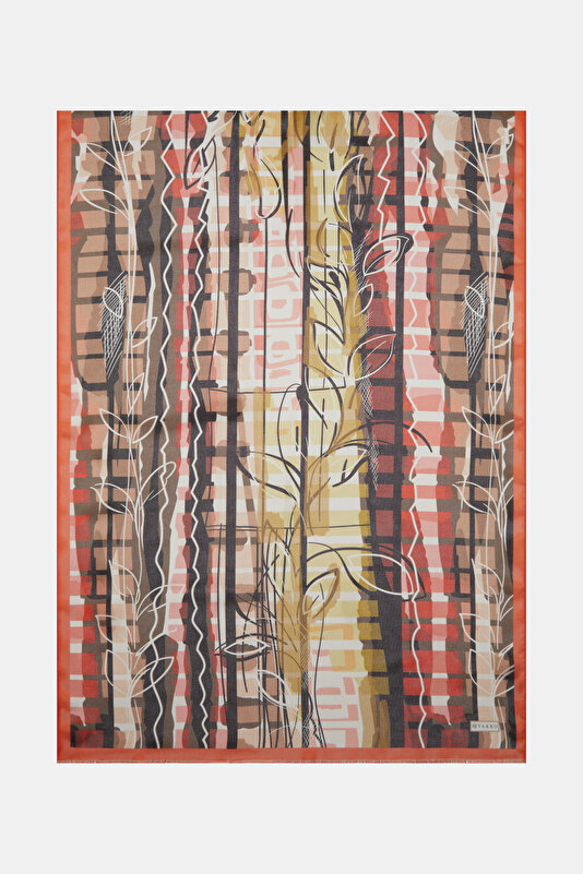 BROWN GEOMETRIC DESIGN ETAMIN VOILE SHAWL