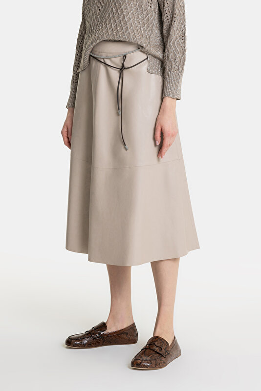BEIGE LEATHER MIDI SKIRT 2