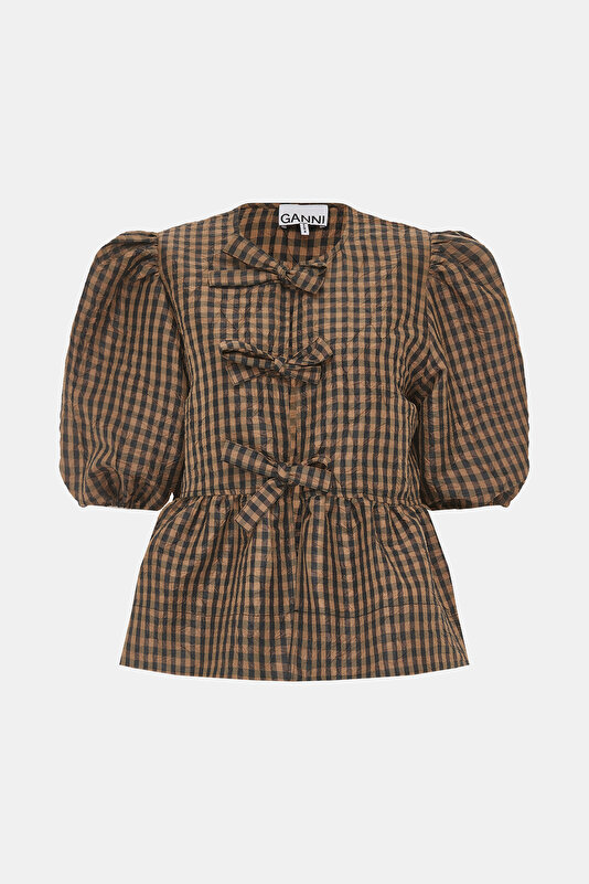 LIGHT BROWN CHECK SHORT SLEEVE BLOUSE 3