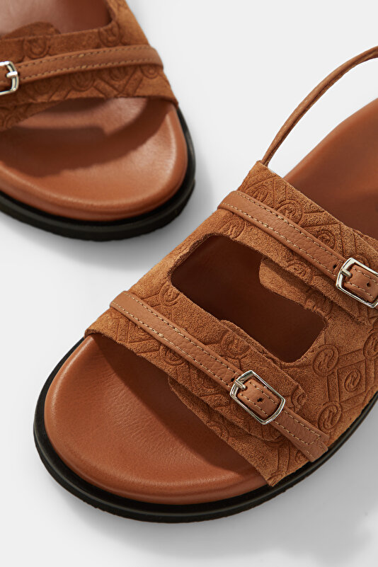 TAN MONOGRAM LEATHER SANDALS 4