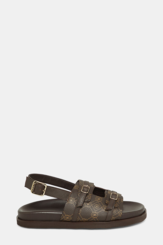 BEIGE MONOGRAM LEATHER SANDALS
