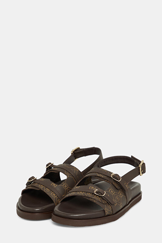 BEIGE MONOGRAM LEATHER SANDALS 2