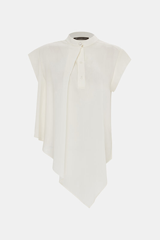 ECRU MANDARIN COLLAR SHORT SLEEVE BLOUSE