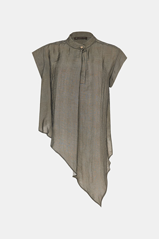 KHAKI MANDARIN COLLAR SHORT SLEEVE BLOUSE