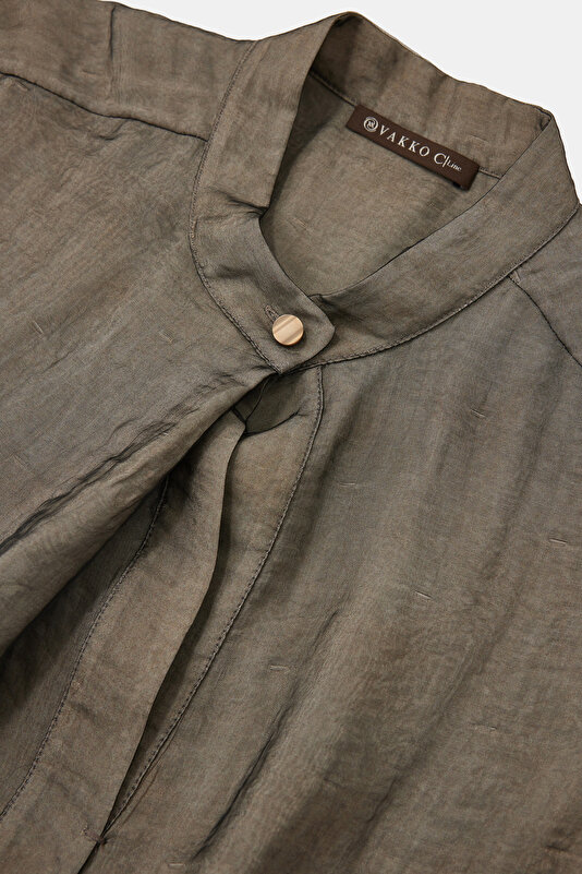 KHAKI MANDARIN COLLAR SHORT SLEEVE BLOUSE 3