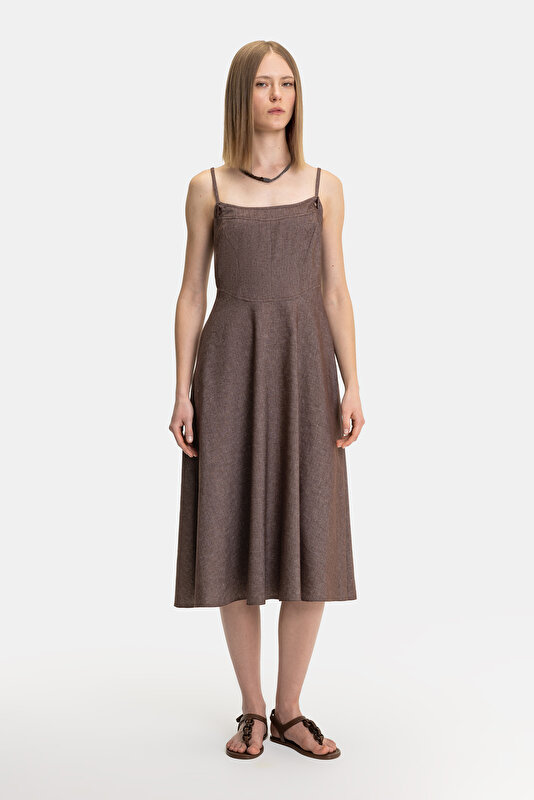 BROWN SLEEVELESS SUSPENDER BELOW THE KNEE DRESS 4