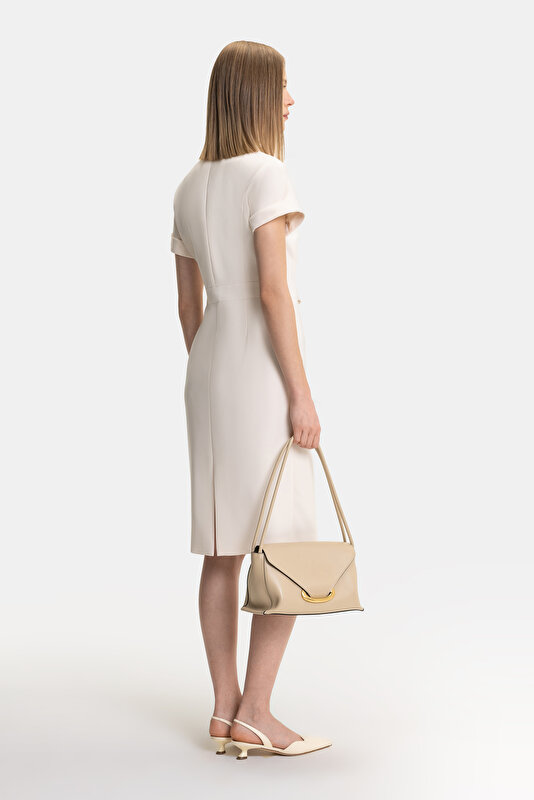 CREAM SHORT SLEEVE BELOW THE KNEE DRESS 2