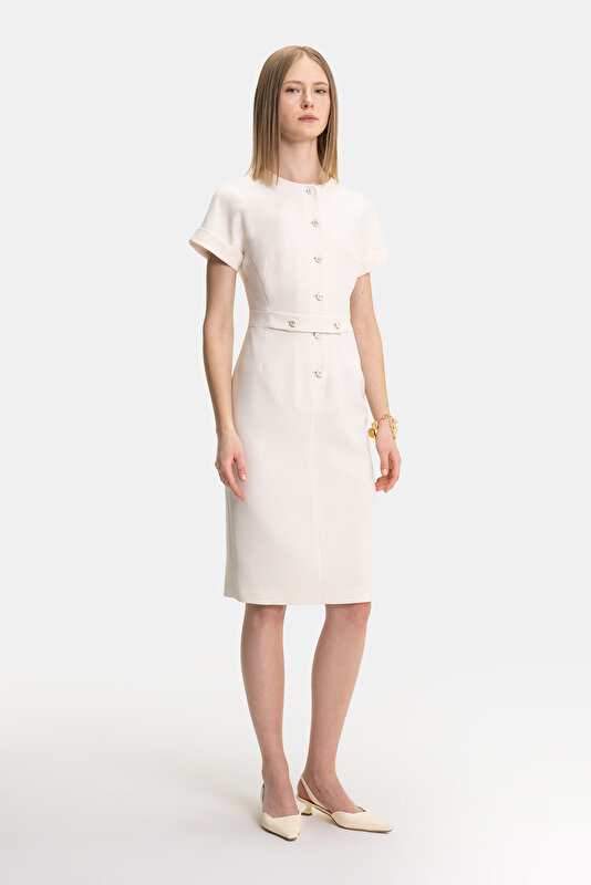 CREAM SHORT SLEEVE BELOW THE KNEE DRESS 4