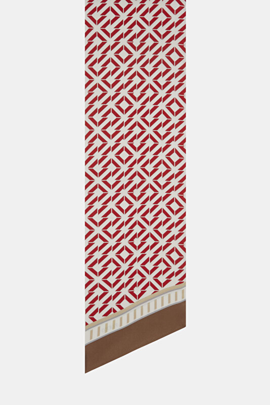KOYU BEJ GEOMETRİK DESENLİ TWILL İPEK FULAR 2