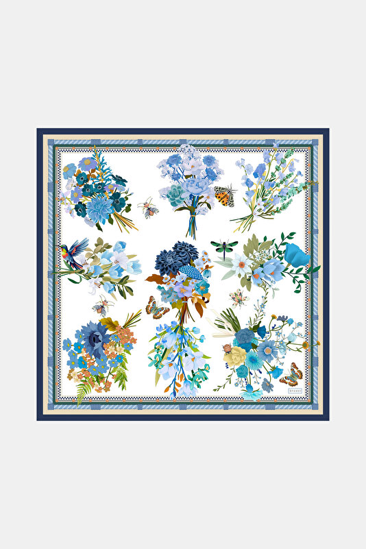 MAVİ ÇİÇEK DESENLİ TWILL İPEK GAVROŞ