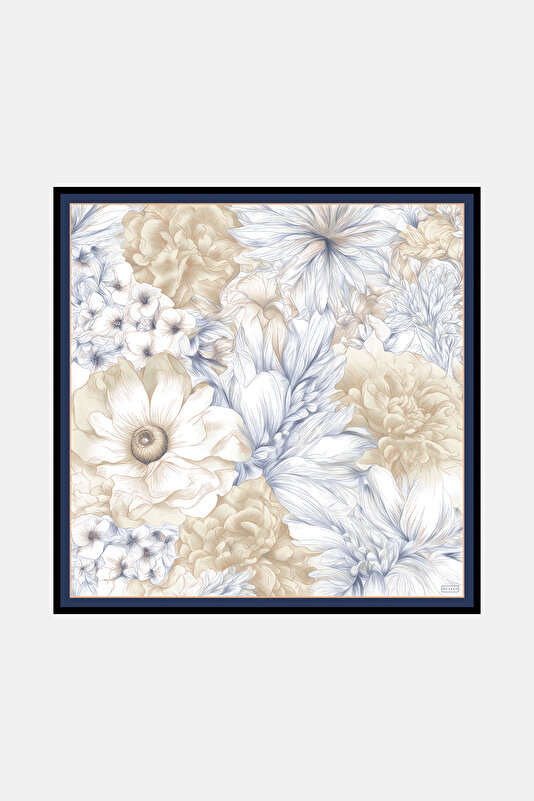 BEJ ÇİÇEK DESENLİ TWILL İPEK EŞARP