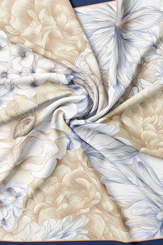 BEJ ÇİÇEK DESENLİ TWILL İPEK EŞARP 2