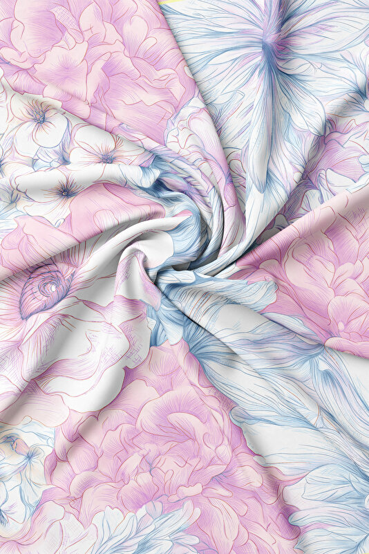 AÇIK PEMBE KOYU TURKUAZ ÇİÇEK DESENLİ TWILL İPEK EŞARP 2
