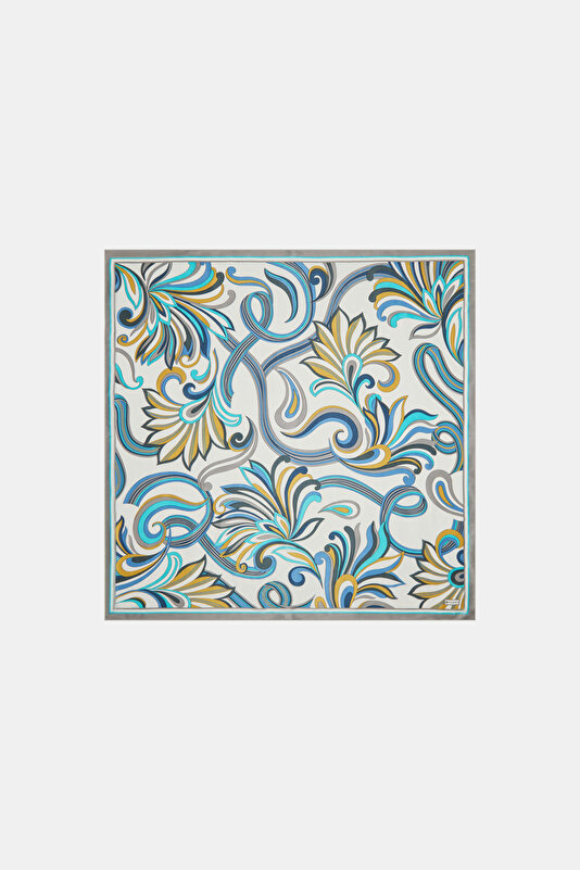 TURQUOISE FLORAL PATTERN SATIN STRIPED SILK FABRICS SCARF