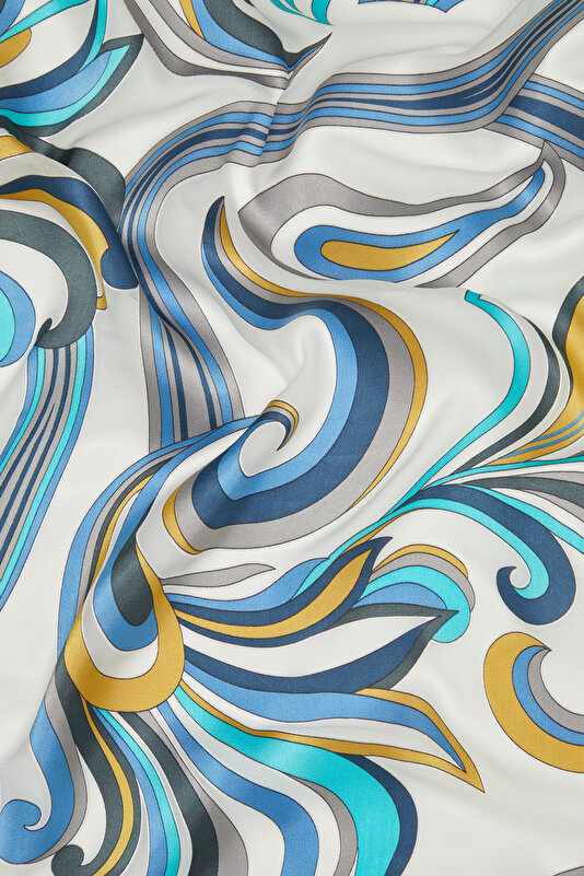 TURQUOISE FLORAL PATTERN SATIN STRIPED SILK FABRICS SCARF 2