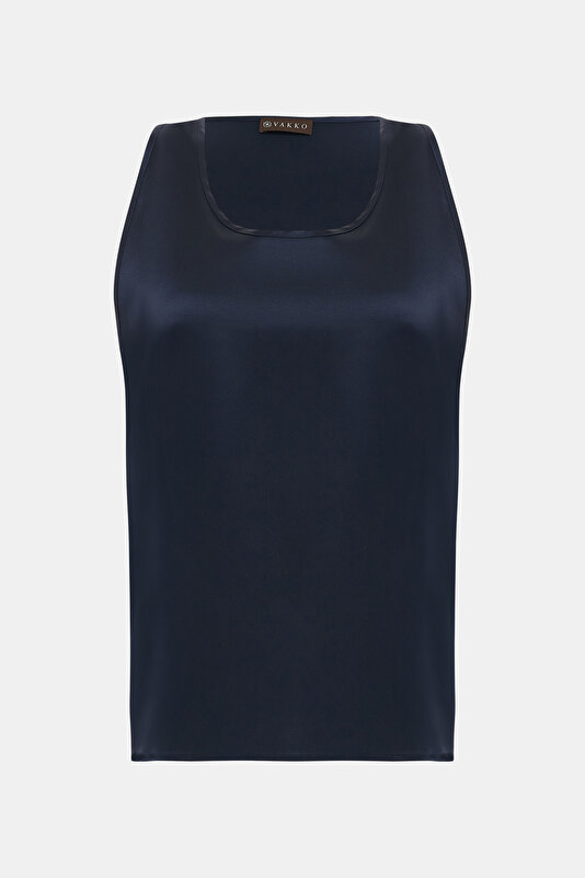 NAVY BLUE BASIC / ROUND NECKLINE SLEEVELESS BLOUSE
