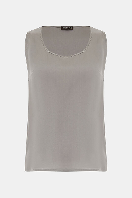 GREY BASIC / ROUND NECKLINE SLEEVELESS BLOUSE