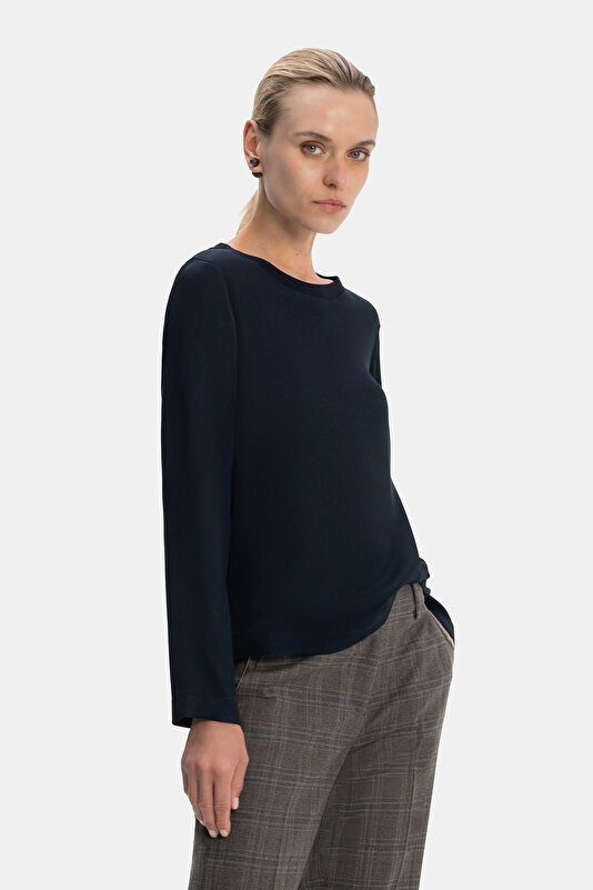 NAVY BLUE BASIC / ROUND NECKLINE LONG SLEEVE BLOUSE