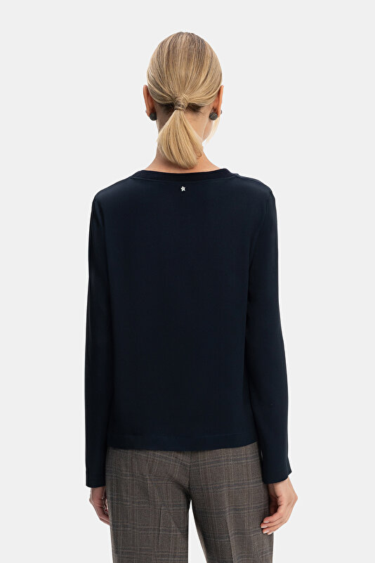 NAVY BLUE BASIC / ROUND NECKLINE LONG SLEEVE BLOUSE 2