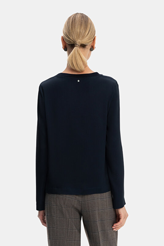 NAVY BLUE BASIC / ROUND NECKLINE LONG SLEEVE BLOUSE 2