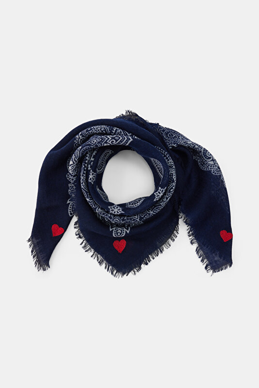 NAVY BLUE-ECRU PAISLEY PATTERNED WOOL/SILK SHAWL