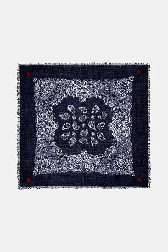 NAVY BLUE-ECRU PAISLEY PATTERNED WOOL/SILK SHAWL 2
