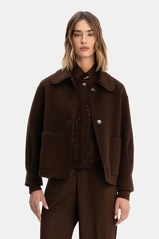DARK BROWN WOOL REEFER JACKET
